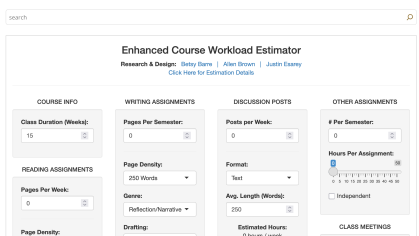 Screenshot of student workload calculator