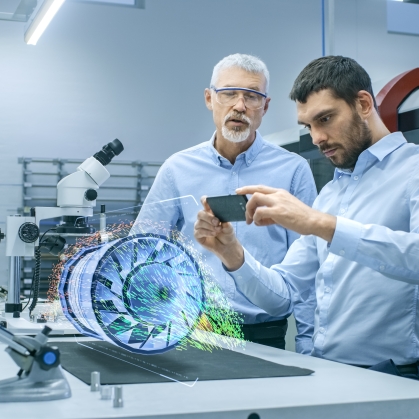 two men using a cell phone to see a virtual image in a physical space