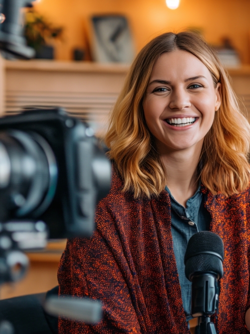 Woman sitting in front of video camera