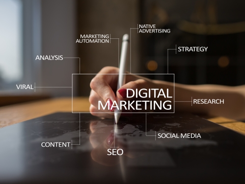 digital marketing text over tablet