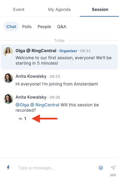 Chat feature with reply button to thread is highlighted.
