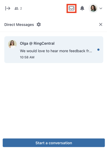 Chat function in full display with Direct messages button highlighted in the top right of the screen.