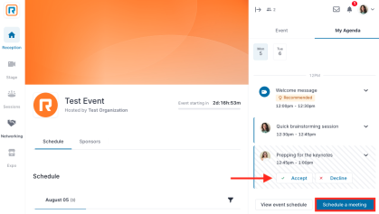 Event page and My Agenda to the right. 1:1 invitation and Schedule Meeting highlighted