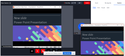 Event display window on the left side and small powerpoint window on the right side of screen.