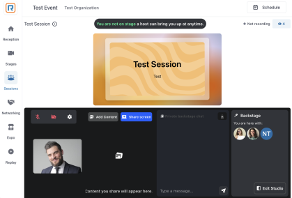 Live event layout with speaker and backstage details on the bottom of the page.